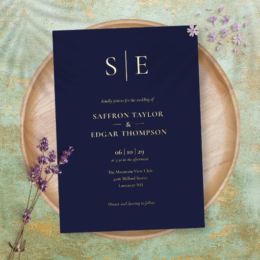 Elegante Monogram Navy Blue Wedding Gold Folieneinladung