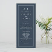 Elegante Monogram Navy Blue Wedding Programm (Stehend Vorderseite)