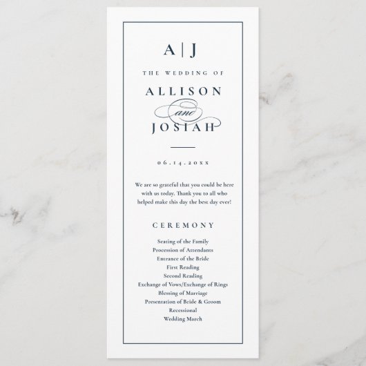 Elegante Monogram Navy Blue Wedding Programm (Vorderseite)