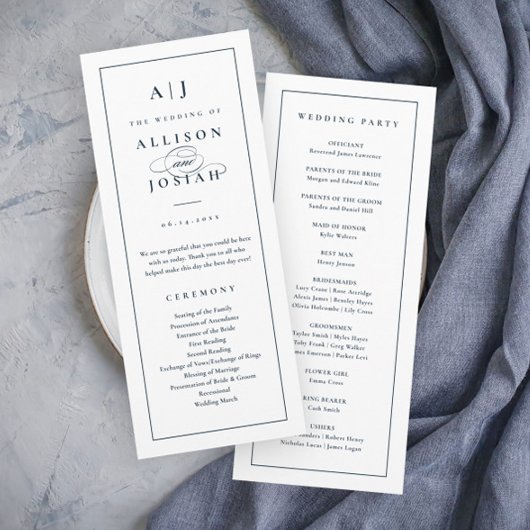 Elegante Monogram Navy Blue Wedding Programm