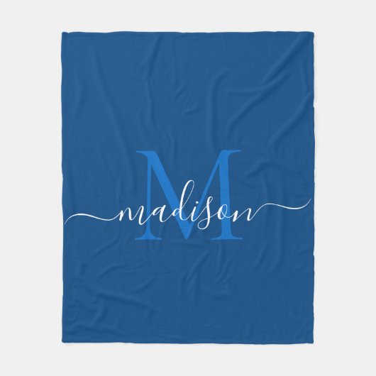 Elegante Monogram Navy Blue White Modern Script Fleecedecke (Vorderseite)