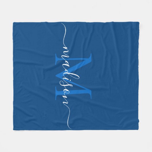 Elegante Monogram Navy Blue White Modern Script Fleecedecke (Vorderseite (Horizontal))