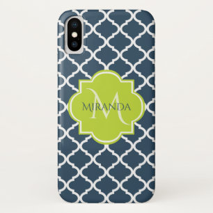 Elegante Monogram Navy Green Quatrefolie und Name Case-Mate iPhone Hülle