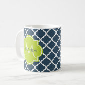 Elegante Monogram Navy Green Quatrefolie und Name Kaffeetasse (Vorderseite Links)