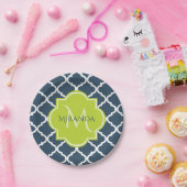 Elegante Monogram Navy Green Quatrefolie und Name Pappteller (Party)