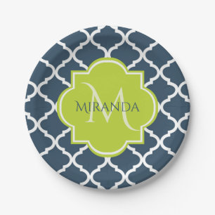 Elegante Monogram Navy Green Quatrefolie und Name Pappteller