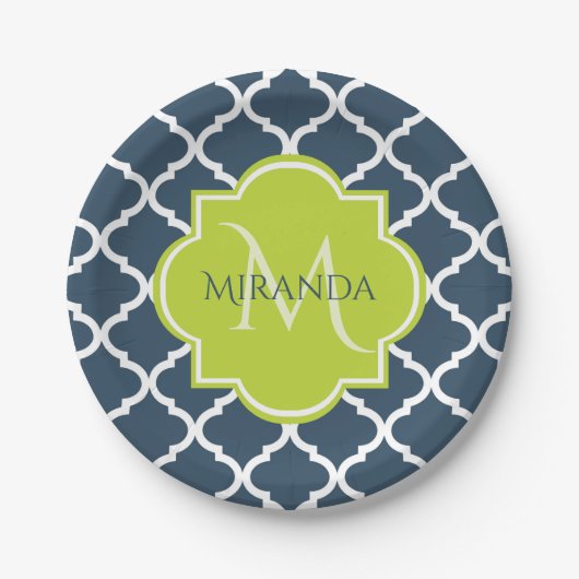 Elegante Monogram Navy Green Quatrefolie und Name Pappteller (Vorderseite)