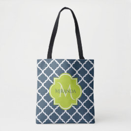 Elegante Monogram Navy Green Quatrefolie und Name Tasche