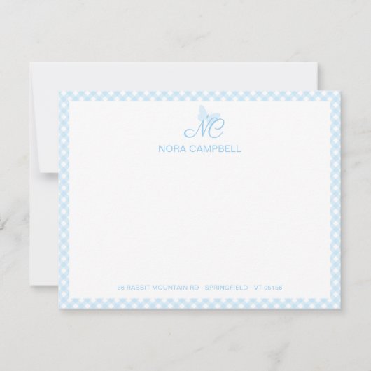 Elegante Monogram Niedlich Baby Blue Gingham Karo Mitteilungskarte (Vorderseite)