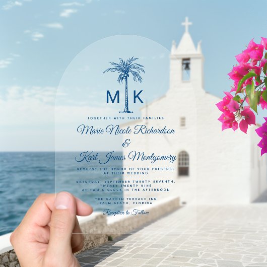 Elegante Monogram Palm Tree Formal Beach Wedding Acryleinladungen