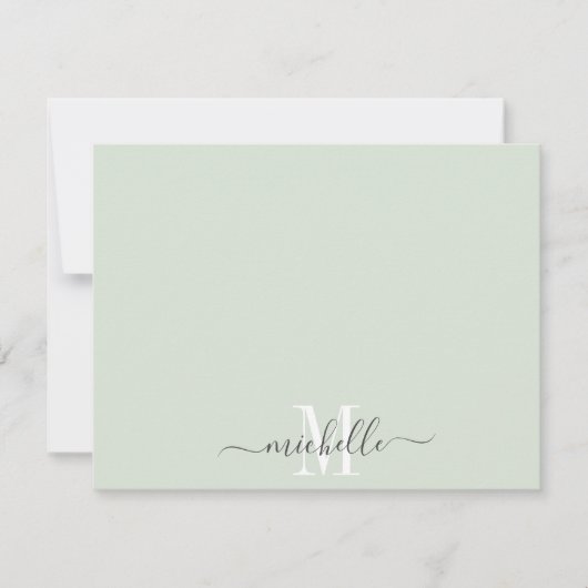 Elegante Monogram Pastel Green White Script Name Mitteilungskarte (Vorderseite)