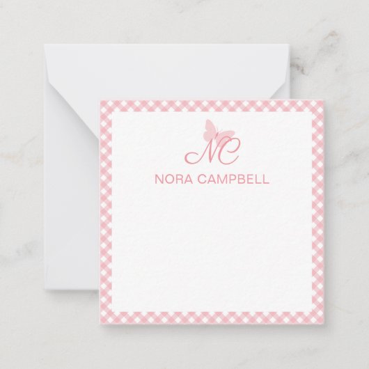 Elegante Monogram Peach Pink Gingham Personalisier Mitteilungskarte (Vorderseite)