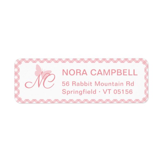 Elegante Monogram Peach Pink Gingham Rücksendeadre (Vorne)