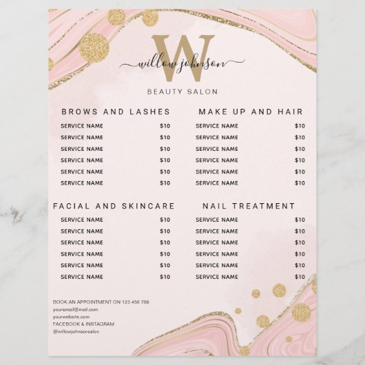 Elegante Monogram Pink Gold Marble Agate Preislist Flyer (Hinten)