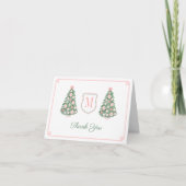 Elegante Monogram Pink Green Christmas Baby Shower Dankeskarte (Vorderseite)
