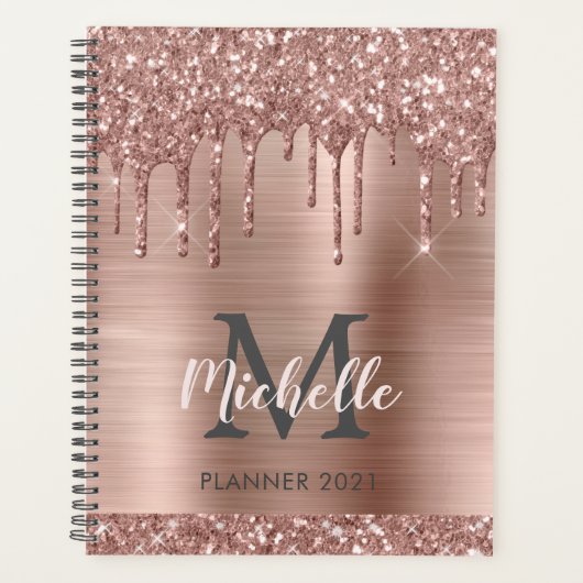 Elegante Monogram Pink Rose Gold Glitzer Tropfen 2 Planer (Vorderseite)