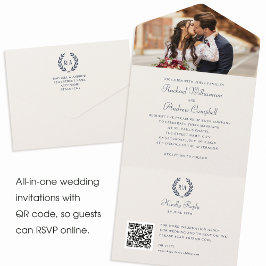 Elegante Monogram QR Code Navy Blue Wedding All In One Einladung