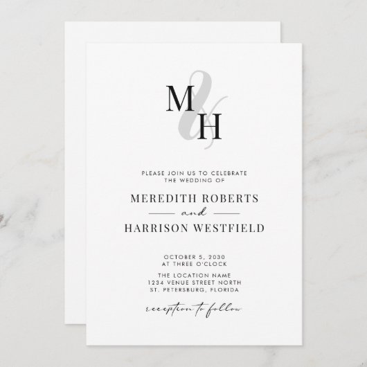 Elegante Monogram QR Code UAWG Minimalistisch Wedd Einladung (Vorne/Hinten)