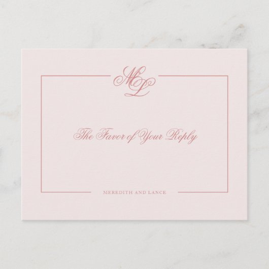 Elegante Monogram Rose Blush Script-Antwort auf Ho Einladungspostkarte (Vorderseite)