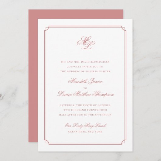 Elegante Monogram Rose Blush Script Hochzeit Einladung (Vorne/Hinten)
