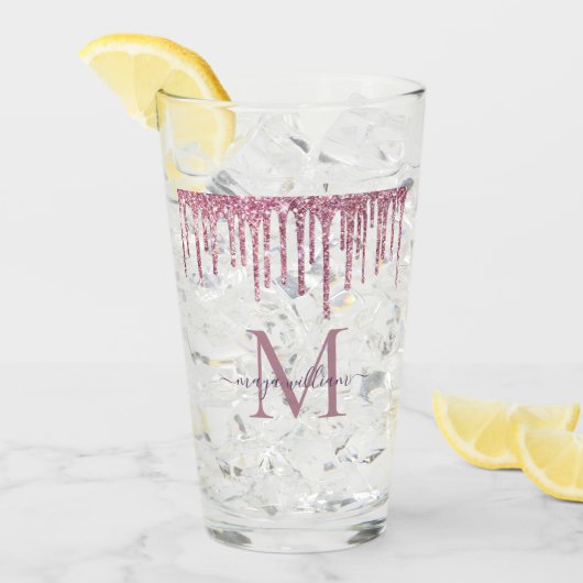 Elegante Monogram Rose Glitzer Tropfen Glas (Vorderseite Ice)