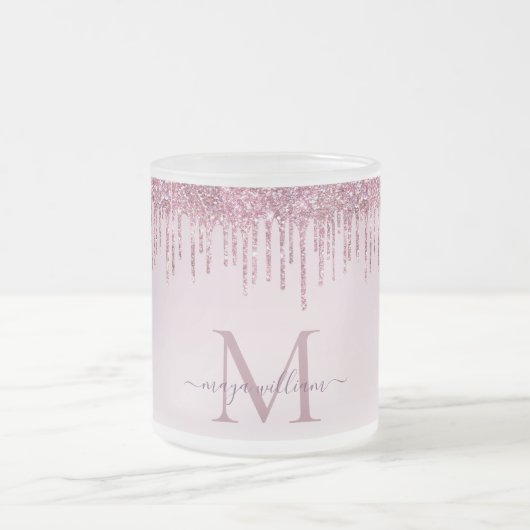 Elegante Monogram Rose Glitzer Tropfen Mattglastasse (Mittel)