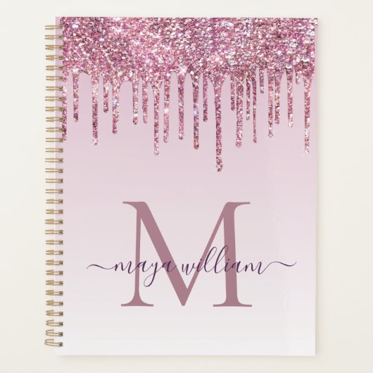 Elegante Monogram Rose Glitzer Tropfen Planer (Vorderseite)