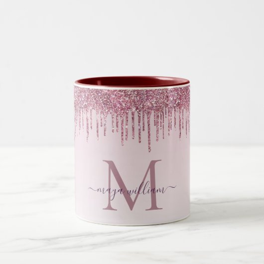 Elegante Monogram Rose Glitzer Tropfen Zweifarbige Tasse (Mittel)