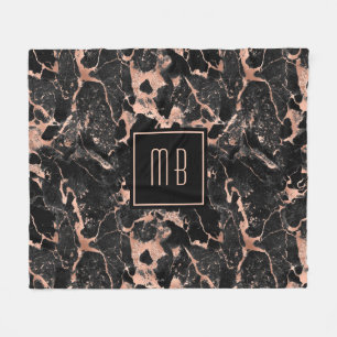 Elegante Monogram Rose Gold Black Marble Fleecedecke