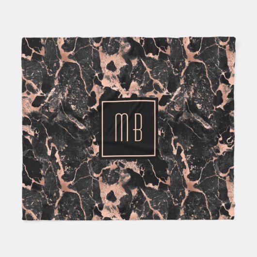 Elegante Monogram Rose Gold Black Marble Fleecedecke (Vorderseite (Horizontal))