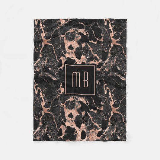Elegante Monogram Rose Gold Black Marble Fleecedecke (Vorderseite)