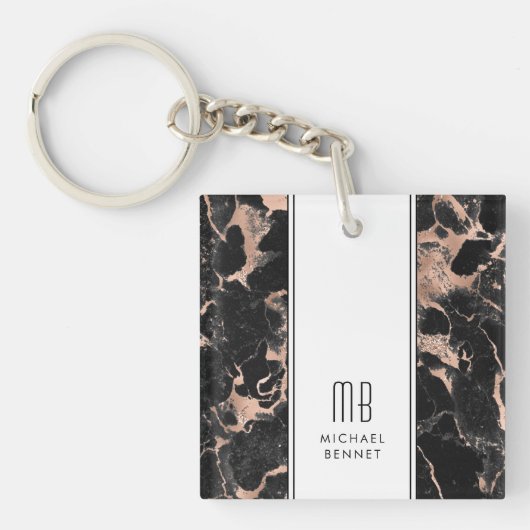Elegante Monogram Rose Gold Black Marble Schlüsselanhänger (Vorderseite)