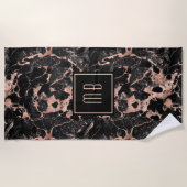 Elegante Monogram Rose Gold Black Marble Strandtuch (Vorderseite)