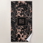 Elegante Monogram Rose Gold Black Marble Strandtuch (Vorderseite)