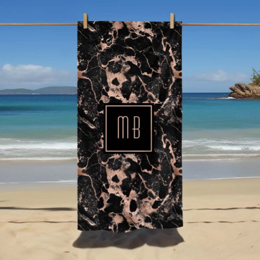 Elegante Monogram Rose Gold Black Marble Strandtuch