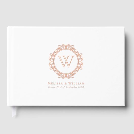 Elegante Monogram Rose Gold Foil White Wedding Gästebuch (Vorderseite)
