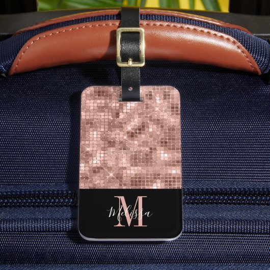 Elegante Monogram Rose Gold Sequin Gepäckanhänger (Vorderseite Insitu 2)