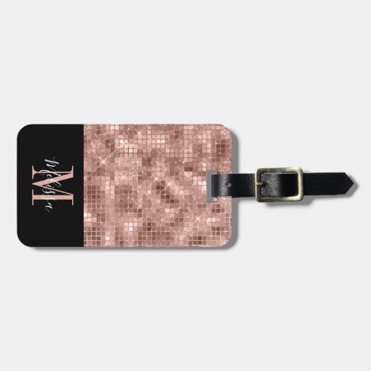 Elegante Monogram Rose Gold Sequin Gepäckanhänger (Vorderseite horizontal)