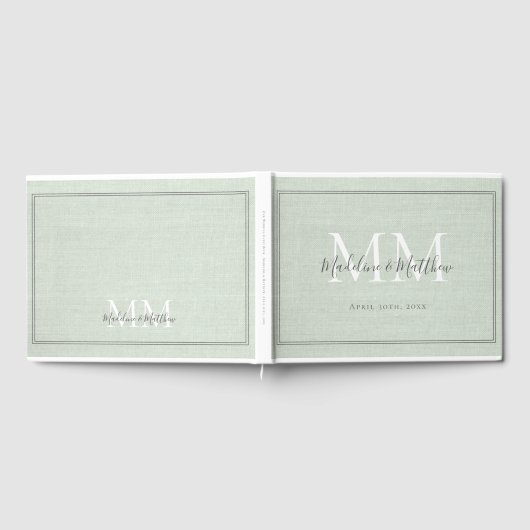 Elegante Monogram Rustic Sage Green Linen Wedding Gästebuch (Voll)