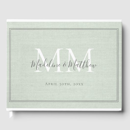 Elegante Monogram Rustic Sage Green Linen Wedding Gästebuch (Vorderseite)