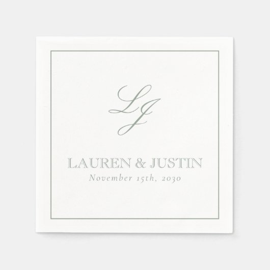 Elegante Monogram Sage Green Simple Script Wedding Serviette (Vorderseite)