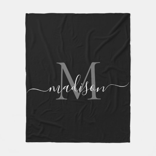 Elegante Monogram Schwarz-weiß Moderne Skriptbezei Fleecedecke (Vorderseite)