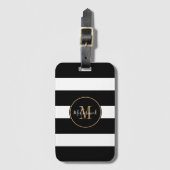Elegante Monogram Schwarz-weiß Stripes Goldname Gepäckanhänger (Vorderseite Vertikal)