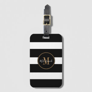 Elegante Monogram Schwarz-weiß Stripes Goldname Gepäckanhänger