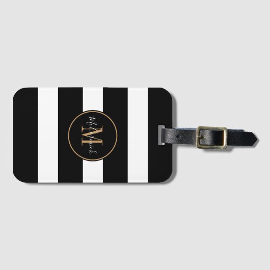 Elegante Monogram Schwarz-weiß Stripes Goldname Gepäckanhänger (Vorderseite (Horizontal))