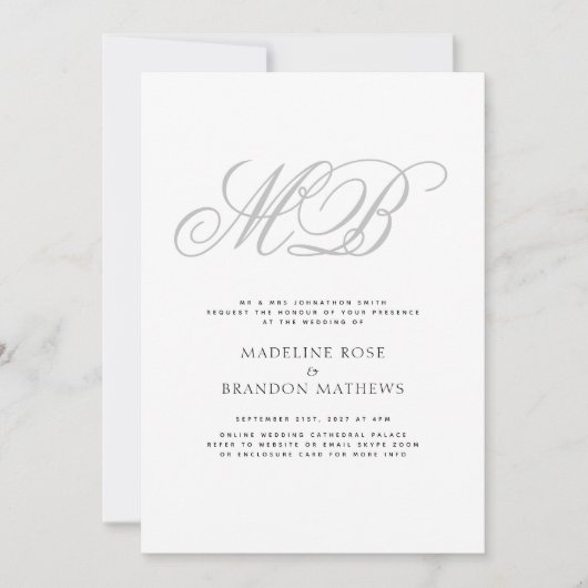 Elegante Monogram Schwarz-weiß Virtual Wedding Einladung (Vorderseite)