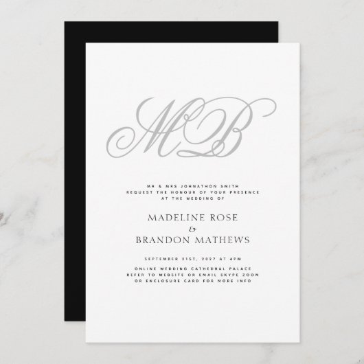 Elegante Monogram Schwarz-weiß Virtual Wedding Einladung (Vorne/Hinten)