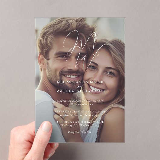 Elegante Monogram Script-Foto Hochzeit Acryleinladungen (Insitu (Handheld))
