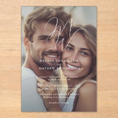 Elegante Monogram Script-Foto Hochzeit Acryleinladungen (Vorderseite)