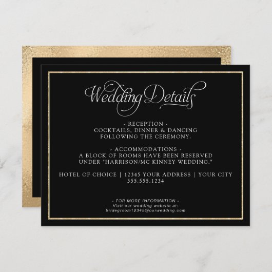 Elegante Monogram Script Gold Black Wedding Detail Begleitkarte (Vorne/Hinten)